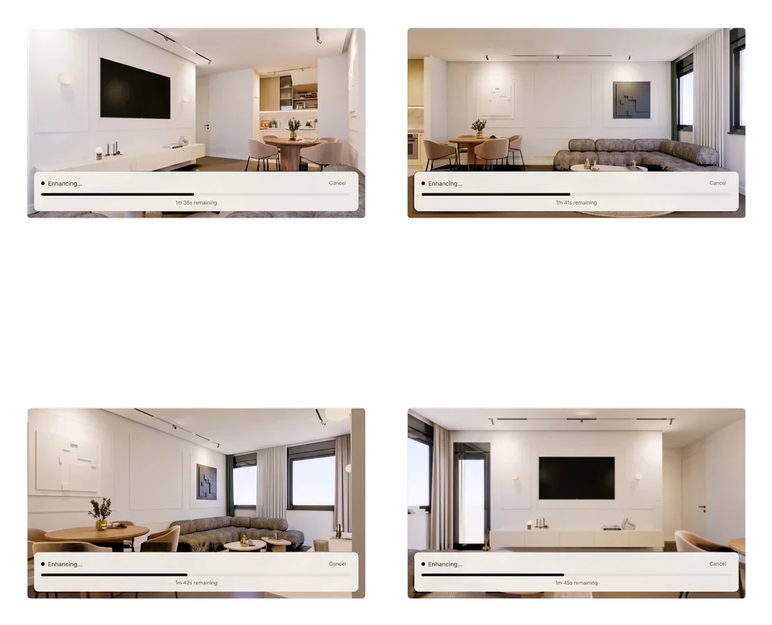 Multi-image canvas enhancing four architectural renders in parallel