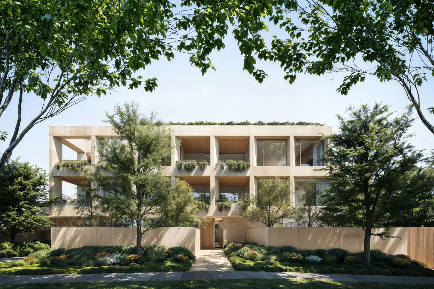 Render with vegetation: a facade behind trees, enhanced