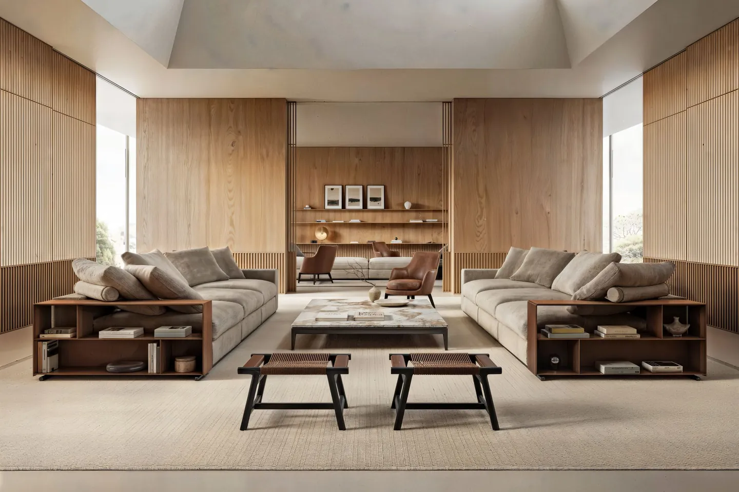 Interior render: a wood-panelled living room, enhanced