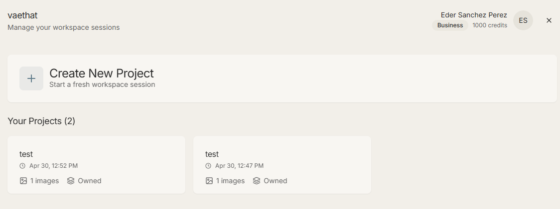 Vaethat projects screen showing saved workspace sessions and a Create New Project button