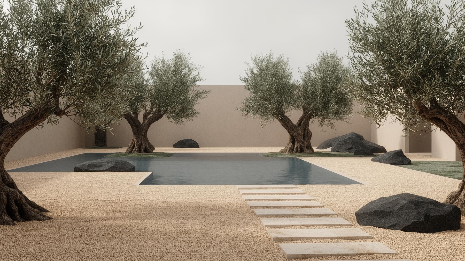 Landscape design rendered with photoreal grasses, stone, and water.