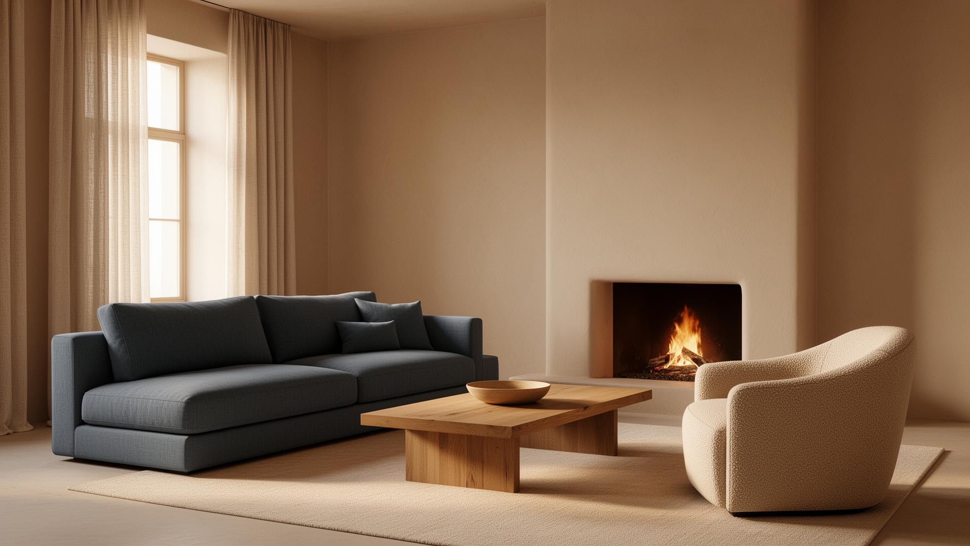 A living room render with refined fabric texture and warm directional light.
