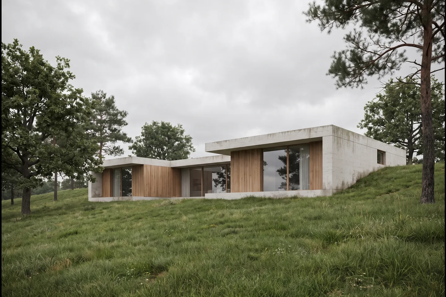 Exterior render: a concrete and wood house on a slope under a cloudy sky, enhanced