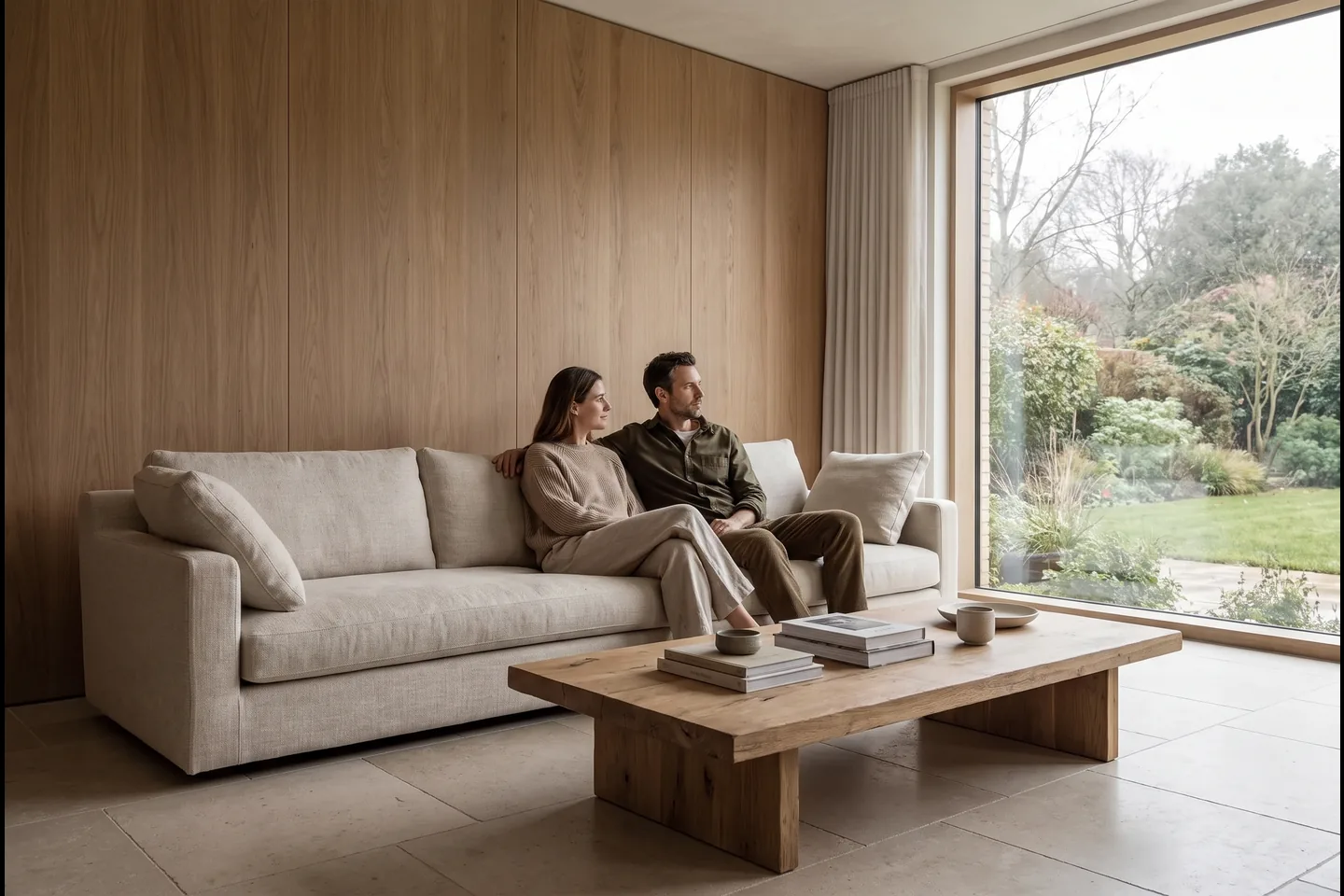 Interior render with two people in a wood-panelled living room, enhanced